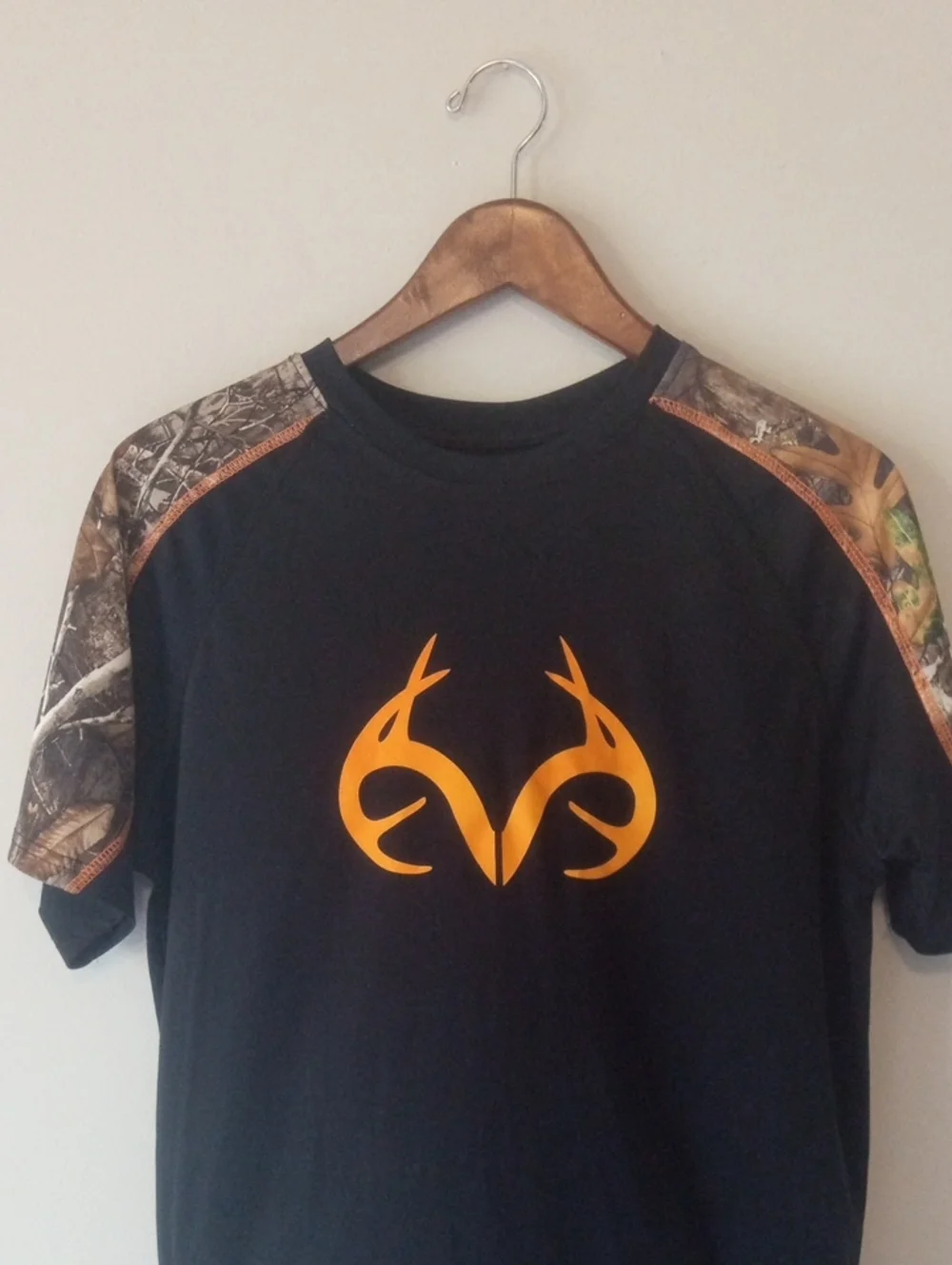 REALTREE Black Short-Sleeve Shirt with Orange Deer Logo and Camo Shoulders - Picture 3 of 7